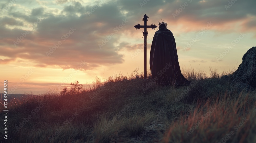 Poster a silhouetted figure in a cloak stands by a cross at sunset, evoking themes of reflection.