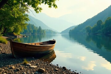 Obraz premium Small wooden boat on the shore of a calm river, serenity, shore