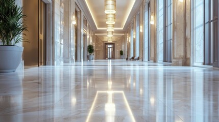Elegant Interior Hallway with Glossy Marble Floor and Bright Lights