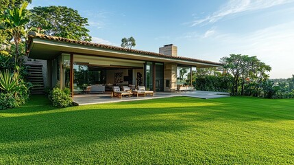 Fototapeta premium Modern Tropical House with Lush Garden and Scenic View