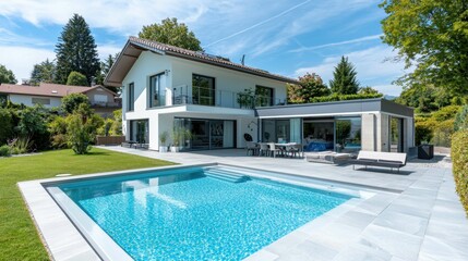 Fototapeta premium Modern villa with swimming pool and garden in serene environment