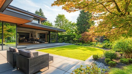 Fototapeta premium Modern House with Spacious Garden and Cozy Outdoor Seating Area