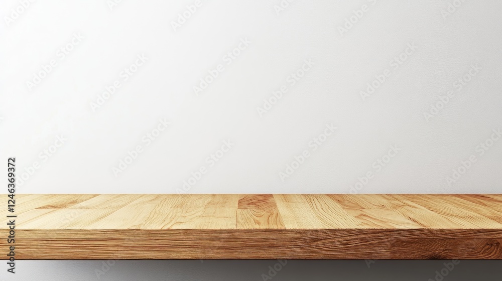 Aufkleber a simple wooden shelf against a plain wall, ideal for displaying items.