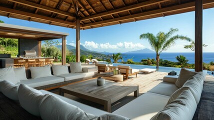 Fototapeta premium Modern Tropical Villa with Stunning Ocean View and Relaxing Atmosphere