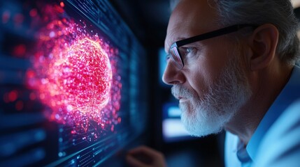 A focused individual analyzes a vibrant, abstract digital representation of energy, showcasing the intersection of technology, curiosity, and human intellect in a modern setting.