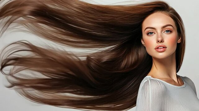 Effortless Beauty: A captivating woman with long flowing, silky brown hair, framed by a natural, radiant glow, embodies effortless elegance and grace.