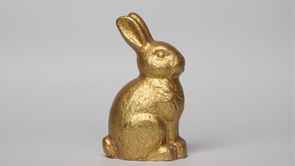 Close up of a decadent chocolate Easter bunny wrapped in shiny golden foil perfect for festive holiday designs