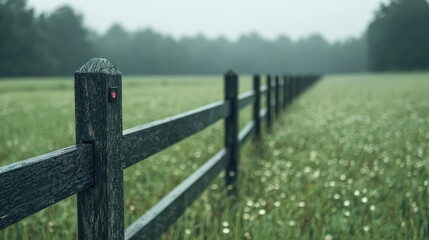 Fototapeta premium Rainy day, wooden fence, field, misty forest background, nature photography