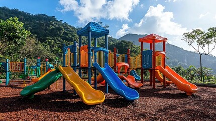 Vibrant Playground Fun: Colorful Slides and Play Structures Against a Mountain Landscape