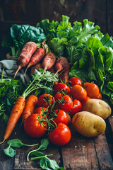 Freshly Harvested Vegetables on Rustic Wooden Table with Garden Background Capturing Organic and Wholesome Aesthetic