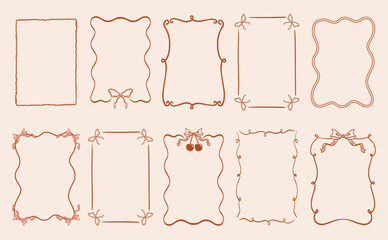 Vintage big set frame in hand drawn greeting card for wedding, menu, birthday, friendsmas, stylish and modern party invitation design. Wavy border with bow and cherry in an elegant coquette style.