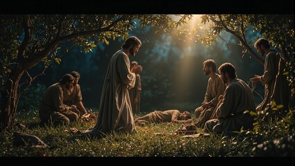 A serene depiction of Jesus praying in Gethsemane His disciples resting and divine light illuminating the scene Ideal for religious concepts