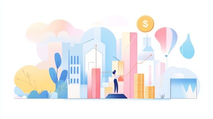 Growing bars graph rising forward achievement goal, Business chart graph and coin stacks