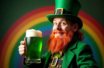 Man green suit hold mug green beer in hand on rainbow background. AI Generative