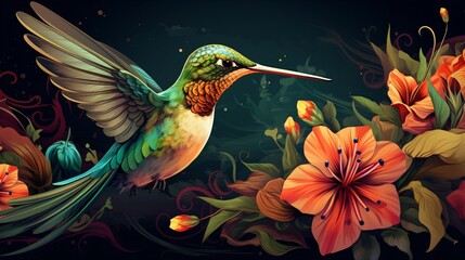 Obraz premium Colorful Tropical Bird Surrounded by Exotic Flowers in Vintage Setting