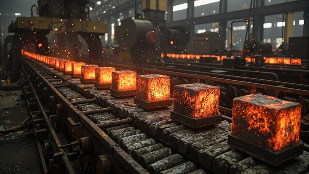 Industrial steel ingots on a conveyor belt symbolizing manufacturing and production efficiency Perfect for industrial and technology concepts