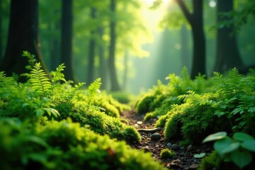 Fototapeta premium mossy ferns carpet forest floor softly filtering sunlight, forest floor, emerald