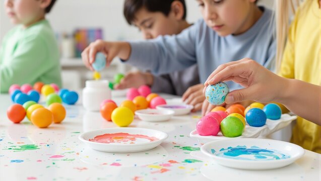 Vibrant Easter egg painting activity with kids displaying creativity and joy in a festive setting - Powered by Adobe