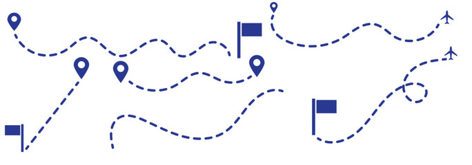 Route icon - two points with dotted path and location pin. Route location icon two pin sign and dotted line. Travel vector icon. Travel from start point and dotted line tracing