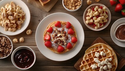 Fototapeta premium Delicious Breakfast Feast: A Table of Waffles, Pancakes, Granola, and Berries