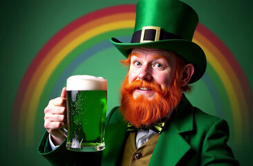 Man green suit hold mug green beer in hand on rainbow background. AI Generative