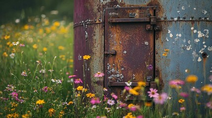 Rusty Metal Cylinder Surrounded by Colorful Wildflowers in Field