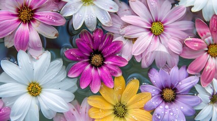 Vibrant assortment of colorful flowers floating on water, with droplets glistening under sunlight