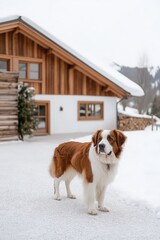 A fluffy dog stands in the snow near a cozy wooden cabin, surrounded by a winter landscape.