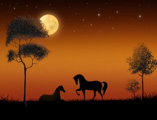 Silhouette of two horses in a meadow at night against a golden orang sky background with a bright shining moon and stars.