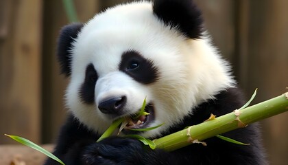 Obraz premium a black and white panda bear eating bamboo