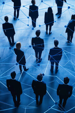 Corporate business network with blue digital connections, teamwork and communication vertical concept