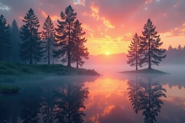 Obraz premium Misty cypress trees rise from murky waters at sunset, nature, serene