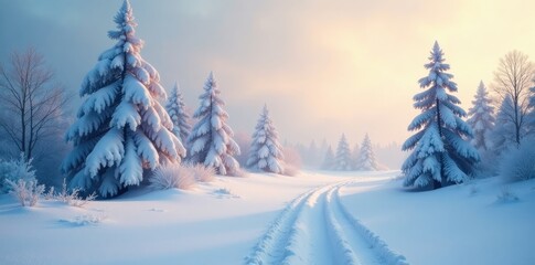 Mists of winter swirl around snow-covered trees, serene, gentle