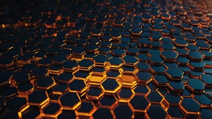 A surface covered with hexagonal shapes in dark hues, edged with a glowing golden orange light.