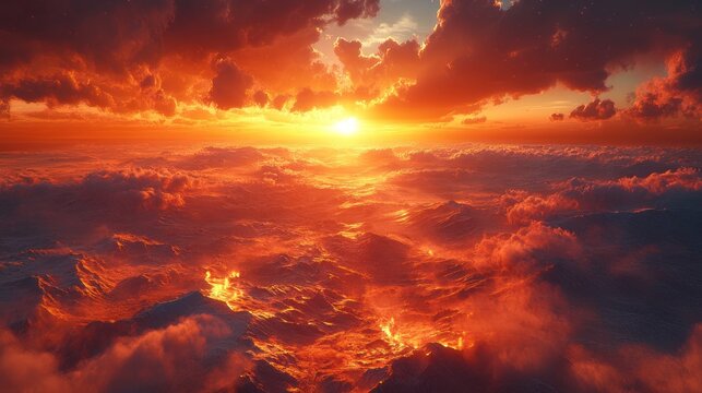 Fiery Sunset Over Cloud Mountains - Aerial View