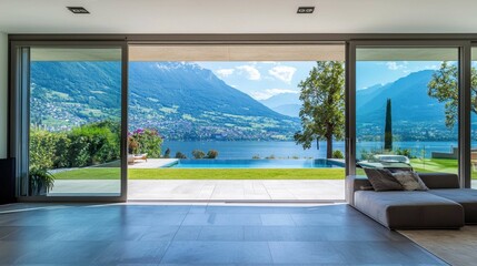 Modern Interior with Scenic Lake View and Mountain Backdrop
