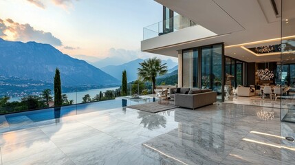 Fototapeta premium Modern Luxury Villa with Breathtaking Mountain Lake View at Dusk