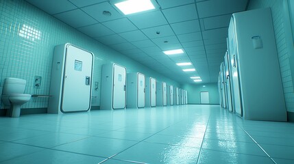 Fototapeta premium Sterile corridor, medical facility, futuristic design, bathroom visible