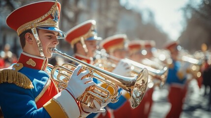 A marching band in colorful uniforms performing at a parade, their instruments shining in the sunlight. The scene captures the energy and synchronized movements of the group.
