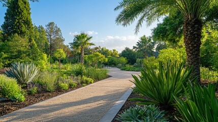 Fototapeta premium Serene Garden Pathway Surrounded by Lush Greenery and Palms