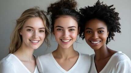 Three diverse women pose together against a soft grey backdrop, radiating joy and unity. Their white shirts symbolize harmony and friendship, showcasing natural beauty and confidence
