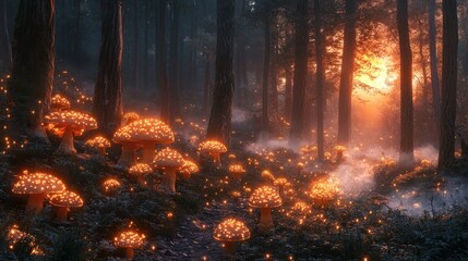 Fototapeta premium Enchanted Forest: Glowing Mushrooms and Sunset