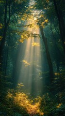 Obraz premium Sunbeams Illuminating a Mystical Forest Path