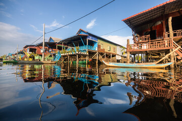 Kampong Phluk floating village with stilt houses on Tonle Sap lake in Cambodia..