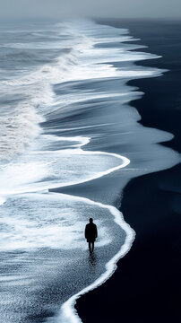 Top view of black sand beach with people walking on the beach, aerial view, calm sea, calm waves, mobile phone background wallpaper