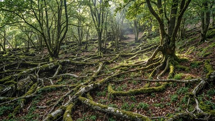 Discover the enchanting beauty of a moss covered forest with fallen logs and ancient tree roots creating a natural labyrinth under soft glowing light
