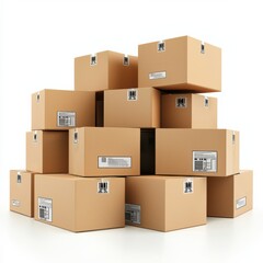 Fototapeta premium A stack of cardboard boxes, neatly arranged, showcasing various sizes and labels, ideal for shipping or storage solutions.