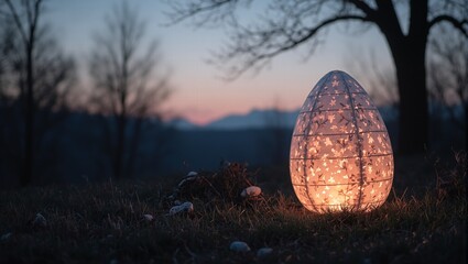 Beautiful Easter egg lantern glowing in dusky twilight radiating warmth and peace for festive or spiritual themes