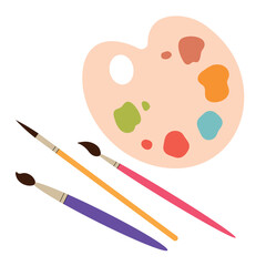 A simple palette with paints of different colors and brushes. Top view. Isolated vector illustration in flat style.