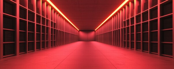A dimly lit corridor illuminated by red lights, featuring rows of shelves, creating a mysterious and futuristic atmosphere.